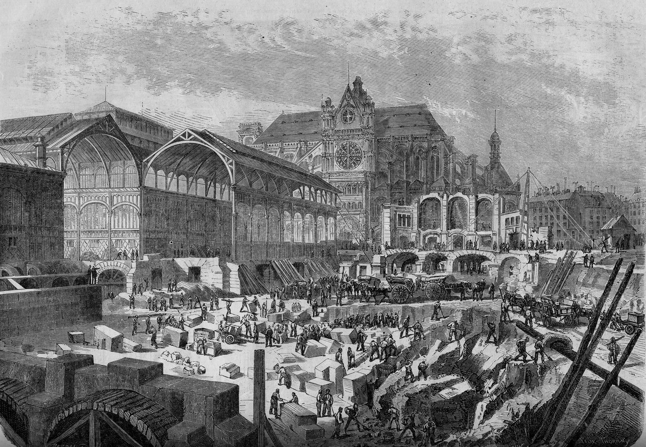 Transformations de Paris sous le Second Empire , Paris haussmannien : vue du nouveau pavillon des Halles centrales av French School