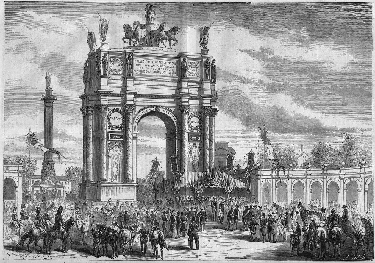 Transformasjoner av Paris under det andre imperiet, Haussmann Paris: triumfbue ved innvielsen av Boulevard du Prince Eugene (i dag Boulevard Voltaire) av Napoleon III. Gravering i "" Le Monde Illustré"" nr. 296 av 13. desember 1862. av French School