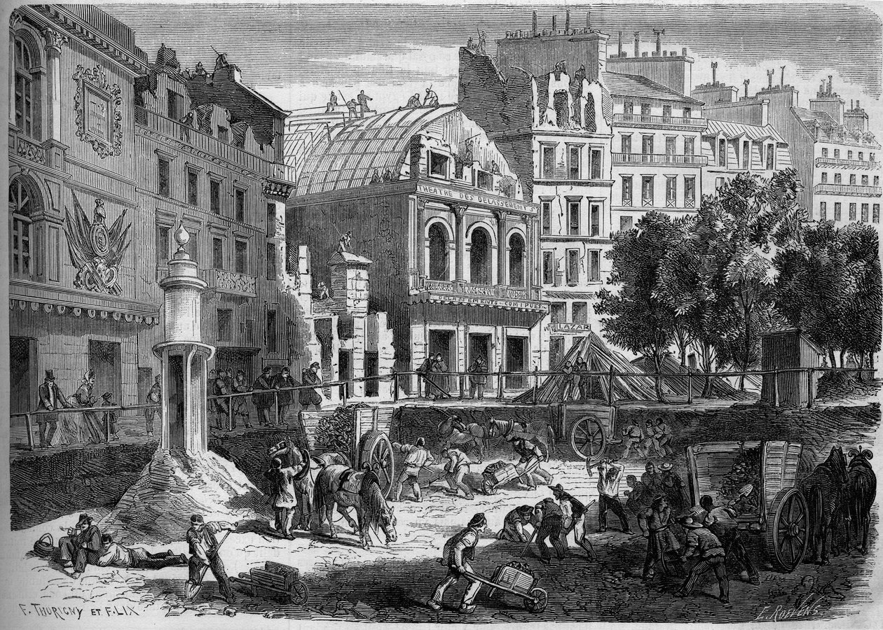 Transformasjoner av Paris under det andre imperiet, Haussmann Paris: riving av teatrene til tempelet for gjennomboring av Boulevard du Prince Eugene (i dag boulevard Voltaire). Gravering i "" Le Monde Illustré"" nr. 278 av 9. august av French School