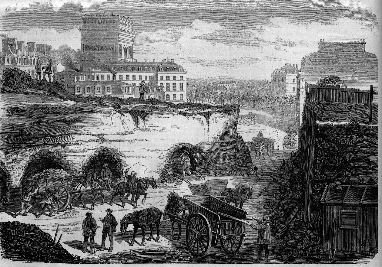 Transformasjoner av Paris under det andre imperiet, Haussmann Paris: gjennomboring av boulevard du Roi de Rome (i dag, avenue de Kleber). Gravering i "" Le Monde Illustré"" nr. 276 av 26. juli 1862. av French School