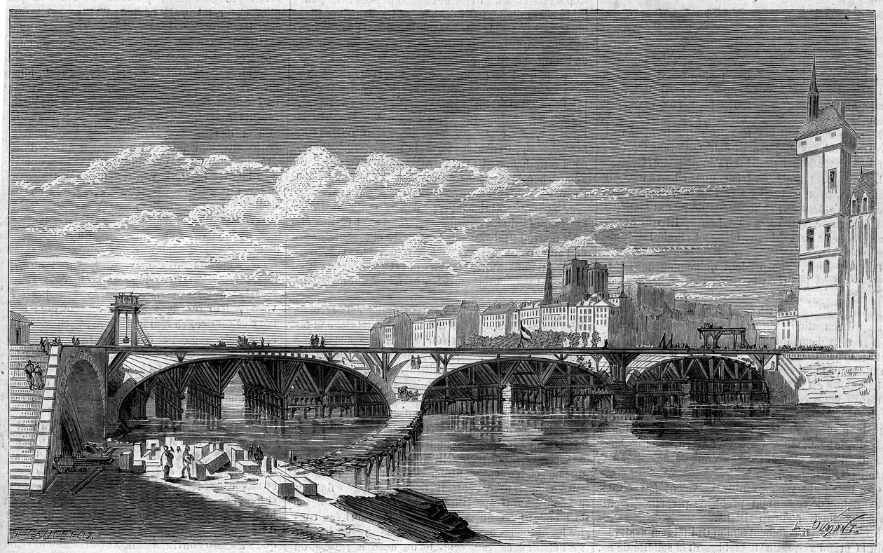 Transformasjoner av Paris under det andre imperiet, Haussmann Paris: utsikt over Pont au Change under gjenoppbyggingen. Gravering i "" Le Monde Illustré"" nr. 169 av 7. juli 1860. av French School