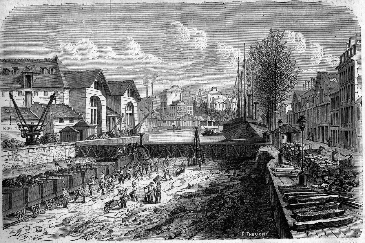 Transformasjoner av Paris under det andre imperiet, Haussmann Paris: arbeider utført for senking av vannmassen til Canal Saint Martin. Gravering i "" Le Monde Illustré"" nr. 143 av 7. januar 1860. av French School