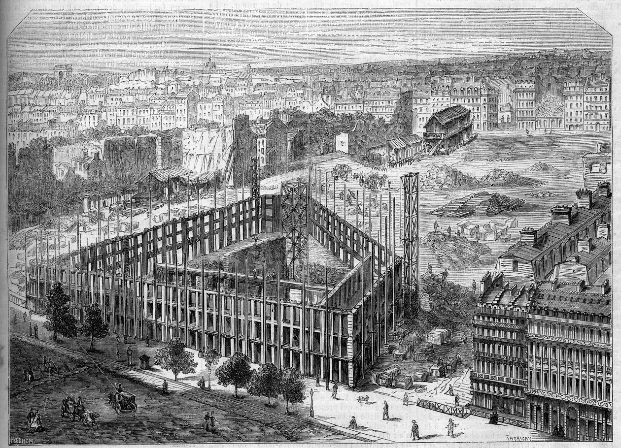 Transformasjoner av Paris under det andre imperiet, Paris Haussmann: bygging av Hotel de la Paix og utsikt over plasseringen av den fremtidige Opera Garnier, mellom gatene Neuve des Mathurins, Chaussee d