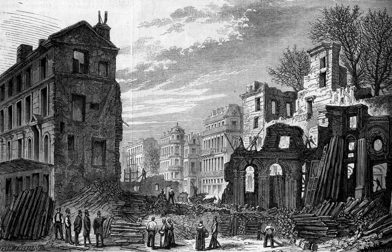 Transformasjoner av Paris under det andre imperiet, Paris Haussmann: piercing boulevard Saint Germain, utsikt tatt fra rue saint dominique. Gravering fra 1870. av French School