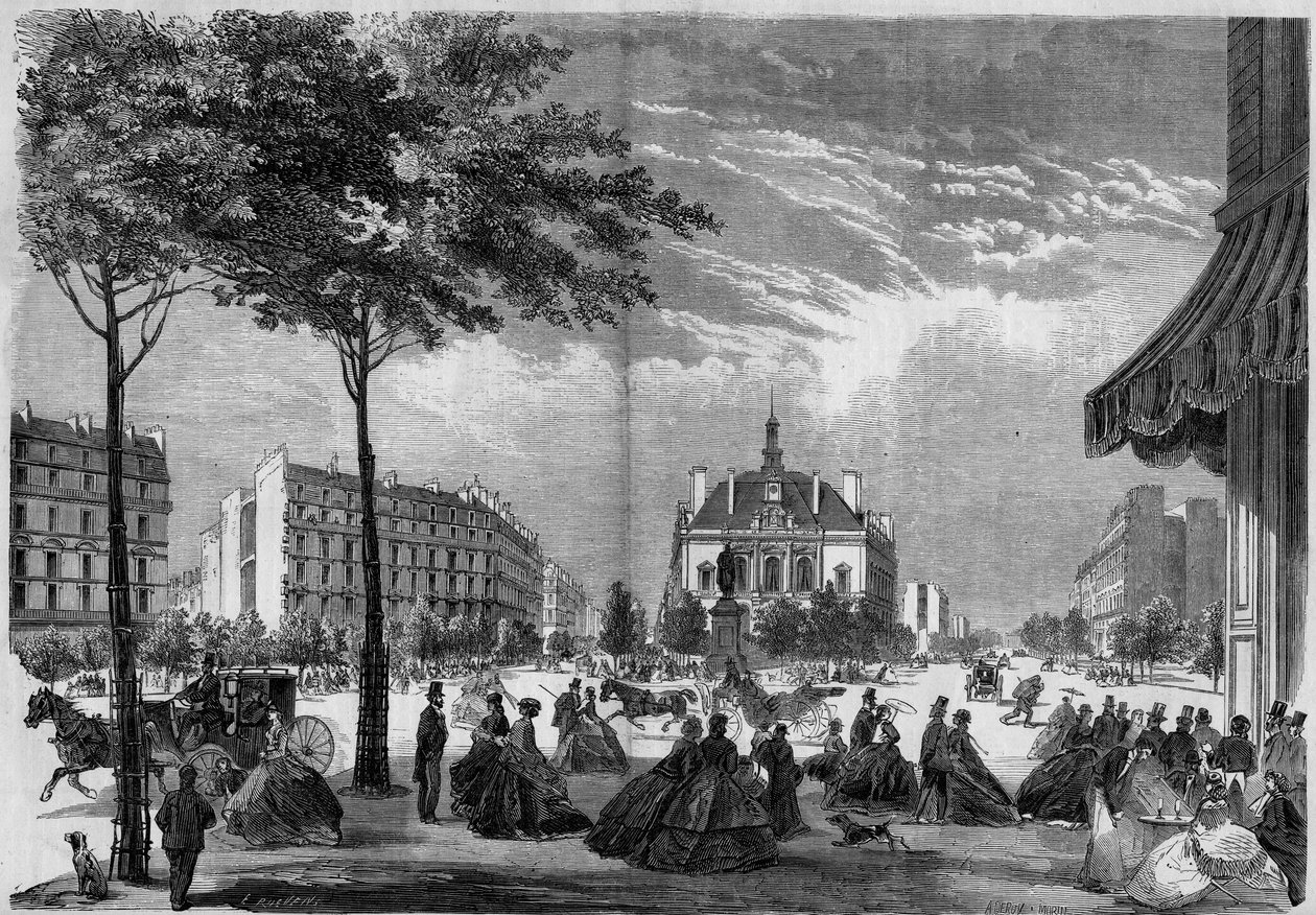 Transformasjoner av Paris under det andre imperiet, Paris Haussmann: det nye rådhuset i XI-arrondissementet i Paris. (Du kan se Voltaire Boulevard og Parmentier Avenue). Gravity fra 1865. av French School