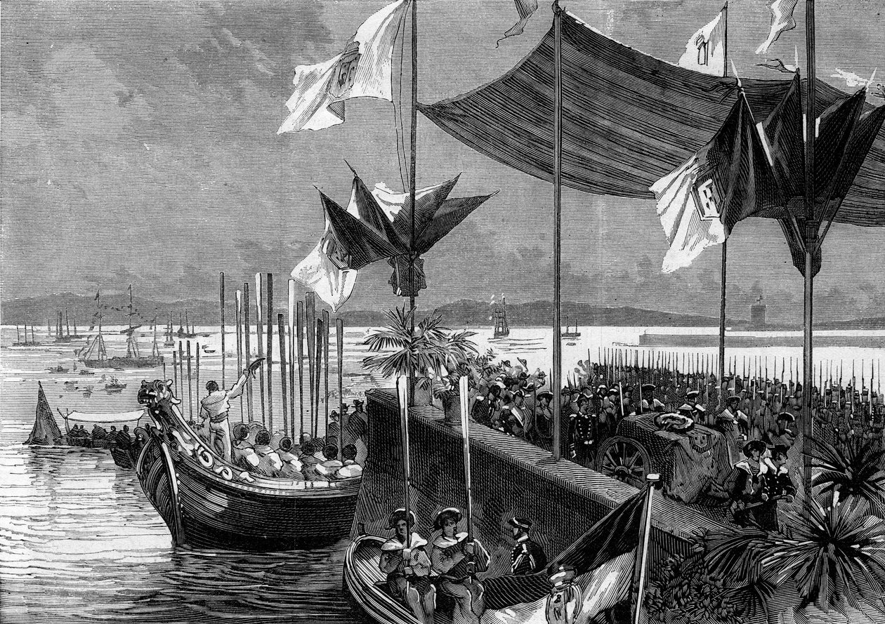 Translation of the ashes of Luis Vaz de Camoes and Vasco de Gama, Portugal, 9 June 1880: barking in the port of Belem the remains of the poet Luis Vaz de Camoes known as the Camoans (1525-1580) and the navigator Vasco de Gama (1459-1524). Engraving in “” L av French School