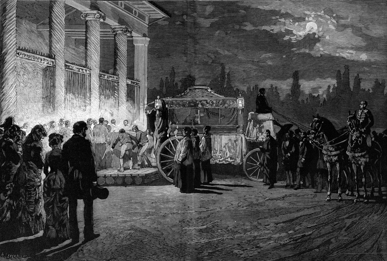 Translation of the ashes of Pope Pius IX (1792-1878): arrival of the cortege at the Church of St. Lawrence in Rome on 12 July 1881. Engraving by Pelicer in “” Le Monde Illustré”” n°1271 of 6 August 1881. av French School