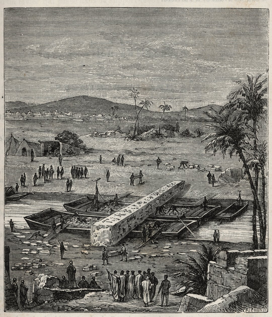 Transport av obelisken til Ptolemee Philadelph (Ptolemaios Philadelphos) (Ptolemaios II) på Nilen til Alexandria - Gravering i "" Vitenskaper tilgjengelig for alle - Populær fysikk og kjemi"" av Alexis Clerc - Slutten av 1800-tallet - Privat samling av French School