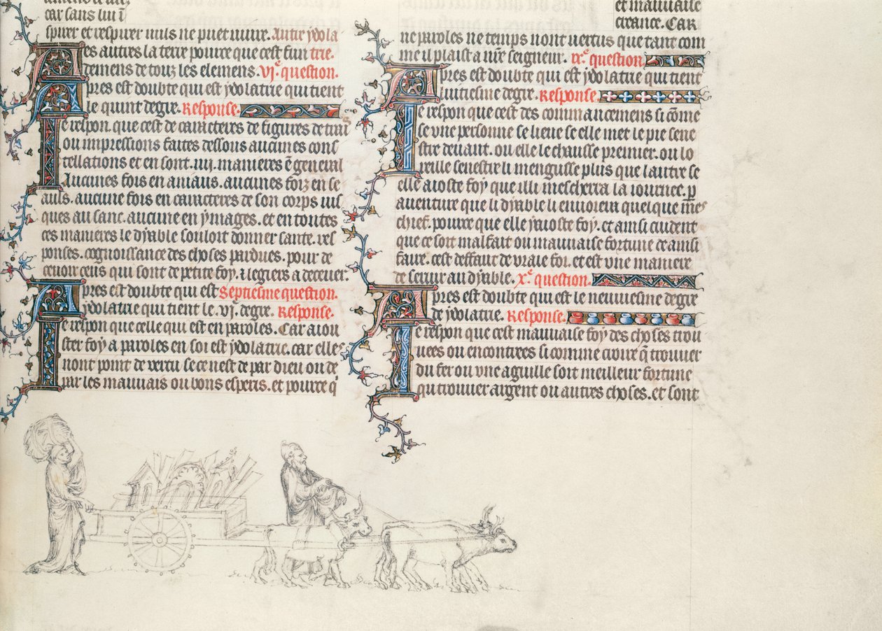 Transportere eiendeler i en oksevogn, uferdig miniatyr fra The Bible of Jean de Sy, ca. 1355 av French School