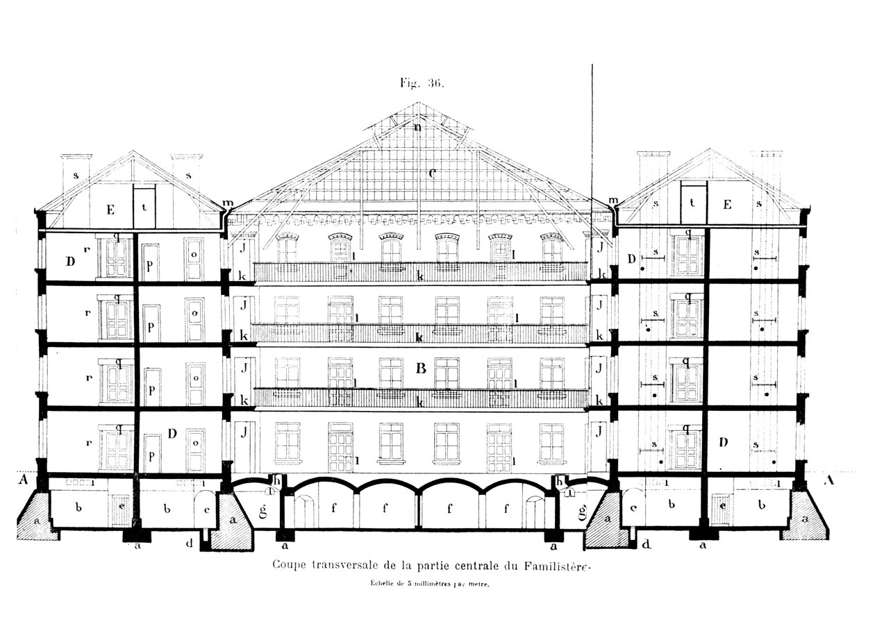 Tverrsnitt av den sentrale delen av familien til Guise, fra Solutions Sociales av Jean-Baptiste Andre Godin (1817-88), Paris, 1871 av French School