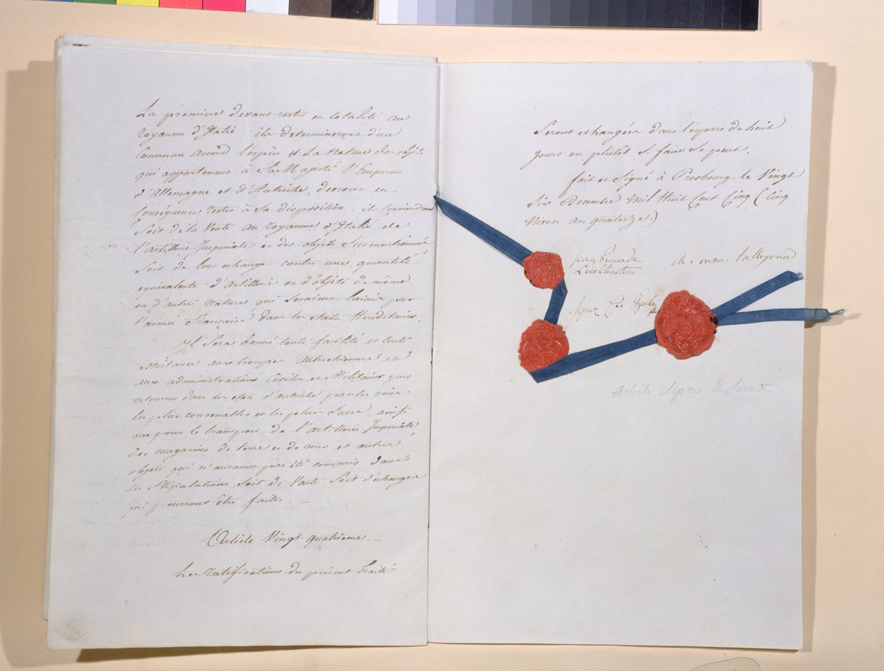 Traktat mellom Napoleon I (1769-1821) og keiser Franz II (1768-1835), undertegnet i Presburg 26. desember 1805 (penn og blekk på papir) av French School