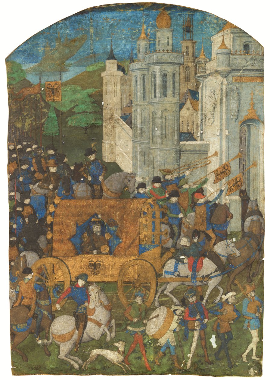 Triumfprosesjon av den hellige romerske keiser, skåret fra et manuskript, Rouen, tredje kvartal 1400-tallet av French School