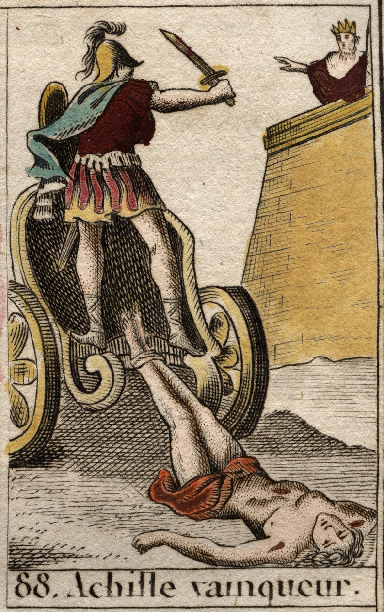 Trojansk krig: Triumferende Achilles som drar Hectors livløse kropp foran Trojas porter. Fra "Mythology of Youth" av Pierre Blanchard 1803. av French School
