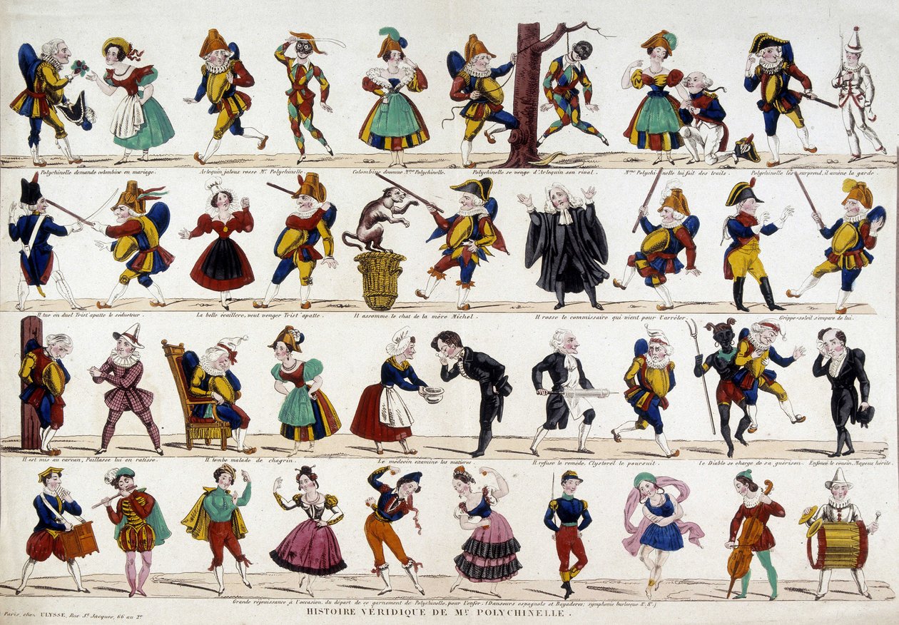 Sannferdig historie om Monsieur polychinelle (polichinelle). Bilde av Epinal, sd. 1800-tallet. av French School