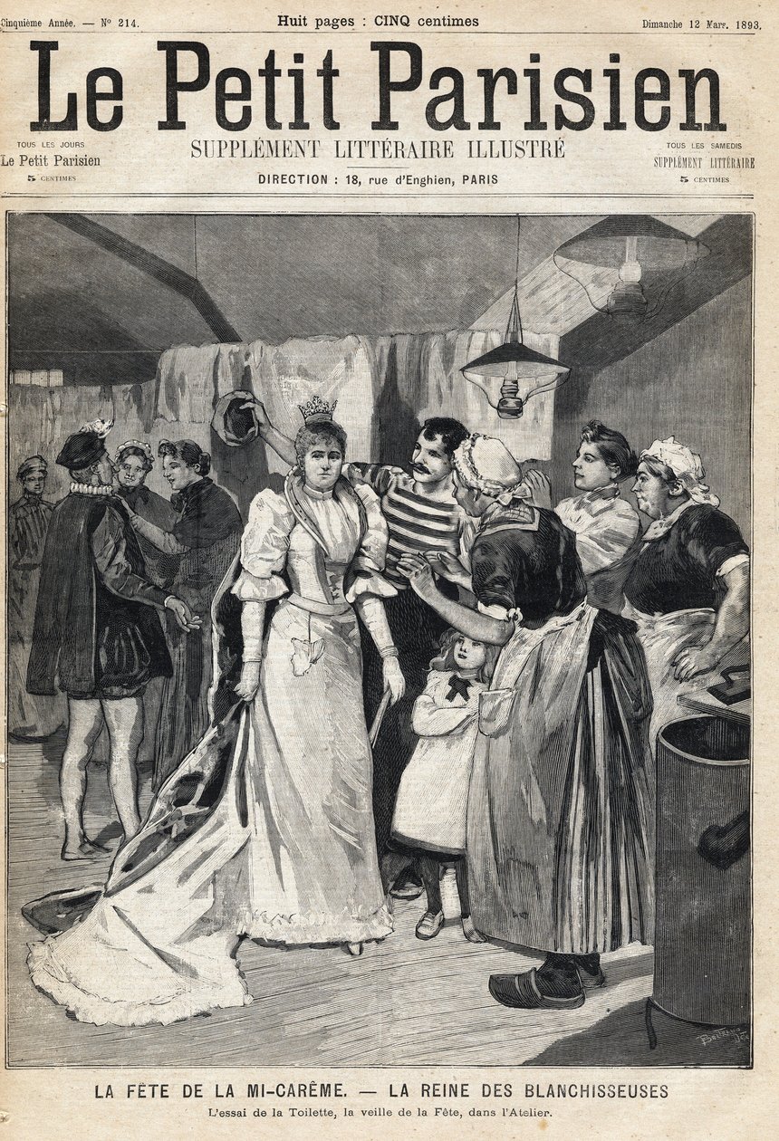 Try the toilet in the workshop on the eve of the Mi Careme Fete (Mi-Careme): the queen of whiteners. One of the newspaper " Le Petit Parisien”” on 12/03/1893 (engraving) av French School