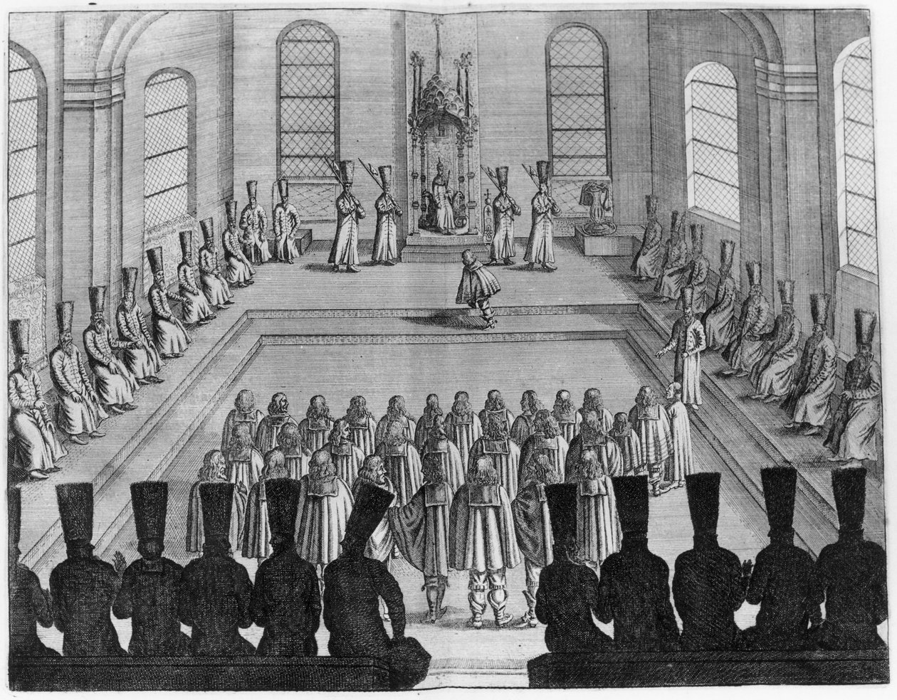Tsar Alexei I Mikhailovich (1629-76) mottar en ambassade fra Vesten, fra bind I av Very Curious and Very Reowned Voyages made in Muscovy, Tartary and Persia av Adam Olearius, oversatt av Wicq av French School