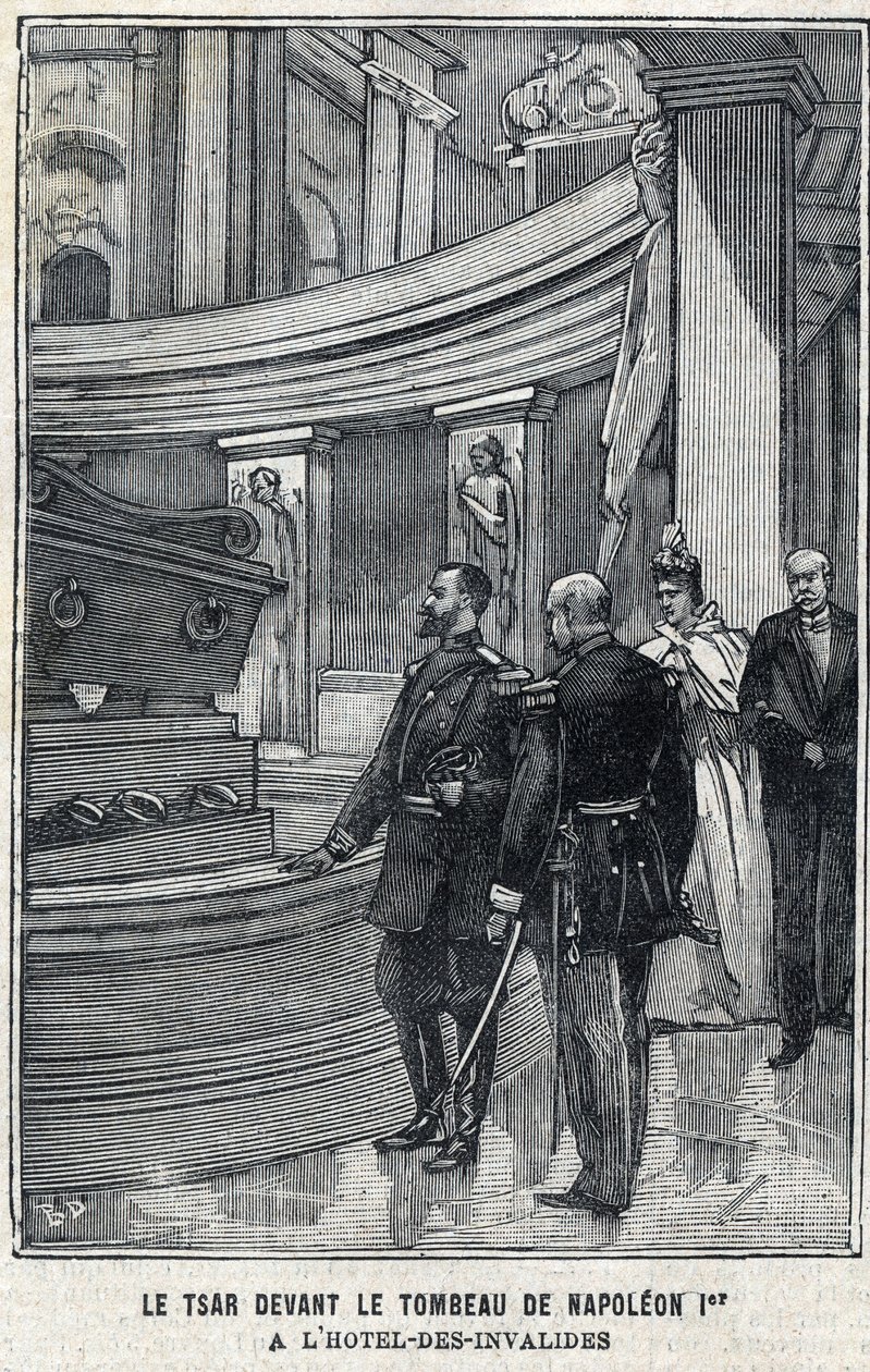 Tsar Nicholas II av Russland (1868 -1918) og Tsarina Alexandra Fiodorovna Romanova (1872-1918) foran graven til Napoleon I Bonaparte på Hotel des Invalides i Paris, i "Le Petit Parisien" av French School