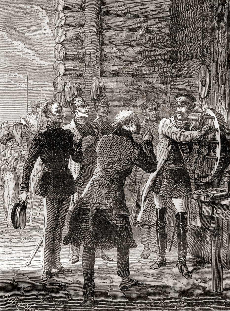 Tsar Nicholas I innviet semafor-telegraflinjen mellom Moskva og Warszawa i 1833, ved å bruke en modifikasjon av Claude Chappes semaforsystem, fra Les Merveilles de la Science, publisert ca. 1870 (gravering) av French School