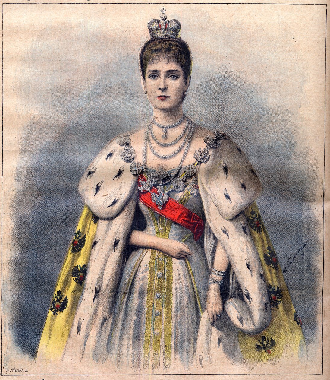 Tsarina Alexandra fra Russland i sine kroningsklær - Tsarina Alexandra Fiodorovna i det helliges kostyme. Illustrasjon for Le Petit Journal, 24. mai 1896 (gravering) av French School