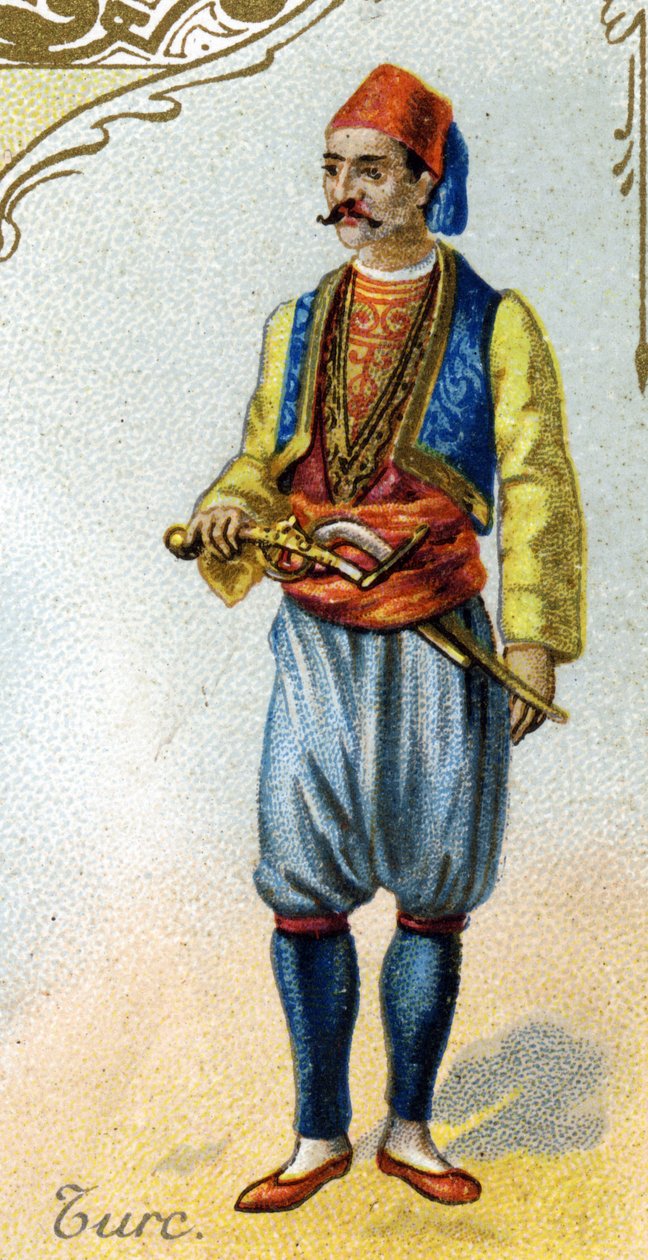 Tyrkisk mann. Utgave den parisiske litografien, slutten av 1800-tallet. Serie med 25 reklamekromoer for Dijon-produksjonen av Biscuits Pernot, laget i 1869. Detalj av karakterene i tradisjonell drakt av French School