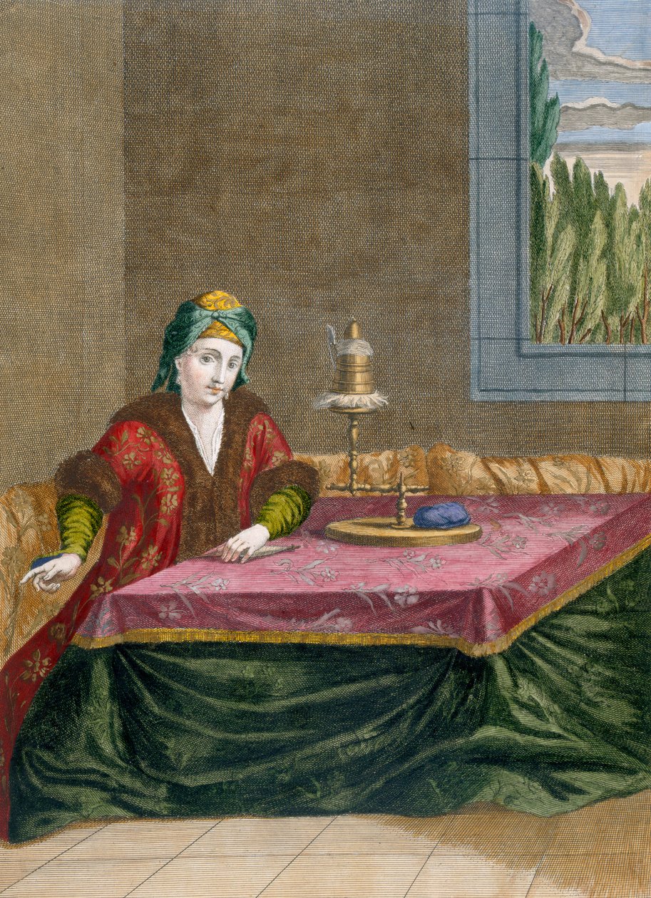 Tyrkisk kvinne som spinner tråd, ca. 1708 av French School