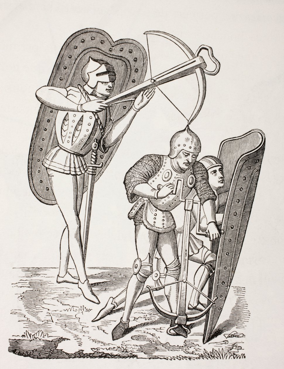 To franske armbrøstskyttere fra 1400-tallet, den ene avfyrte våpenet, den andre lastet det med et ankerspill, begge beskyttet av pavises, fra 'Les Arts au Moyen Age', utgitt 1873 av French School