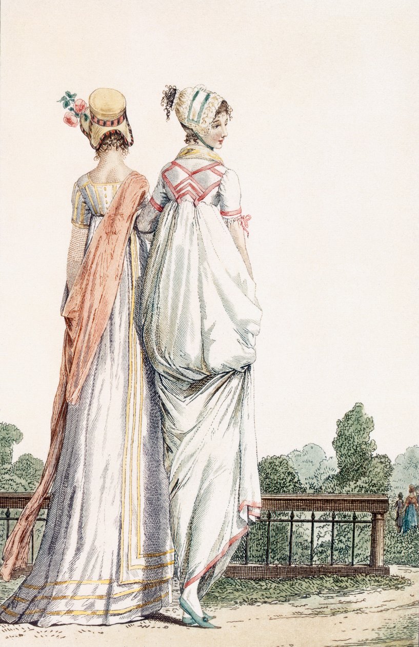 To damer i promenadekjoler, 1796 99:kvinne; tradisjonelle kostymer; tradisjonell kjole; mote; c18th; gå; tilbake; hvite kjoler; panser; panser; hatter; parkere; hage; av French School