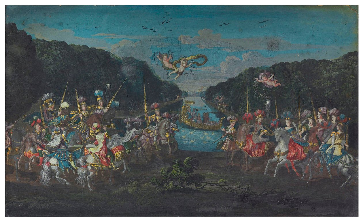 To vifteark: Den pompøse karusellen til de galante amasonene fra de fire verdensdeler; og prosesjon som forlater et tempel akkompagnert av putti, andre halvdel av 1600-tallet (gouache på papir) av French School