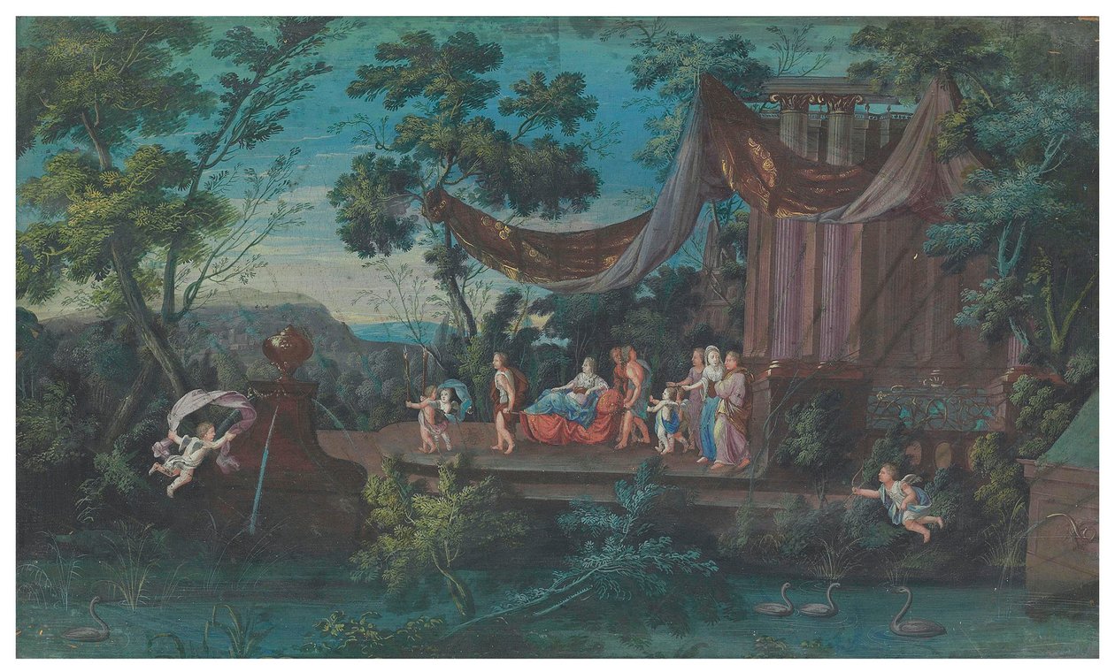To vifteark: Den pompøse karusellen til de galante amasonene fra de fire verdensdeler; og prosesjon som forlater et tempel akkompagnert av putti, andre halvdel av 1600-tallet (gouache på papir) av French School