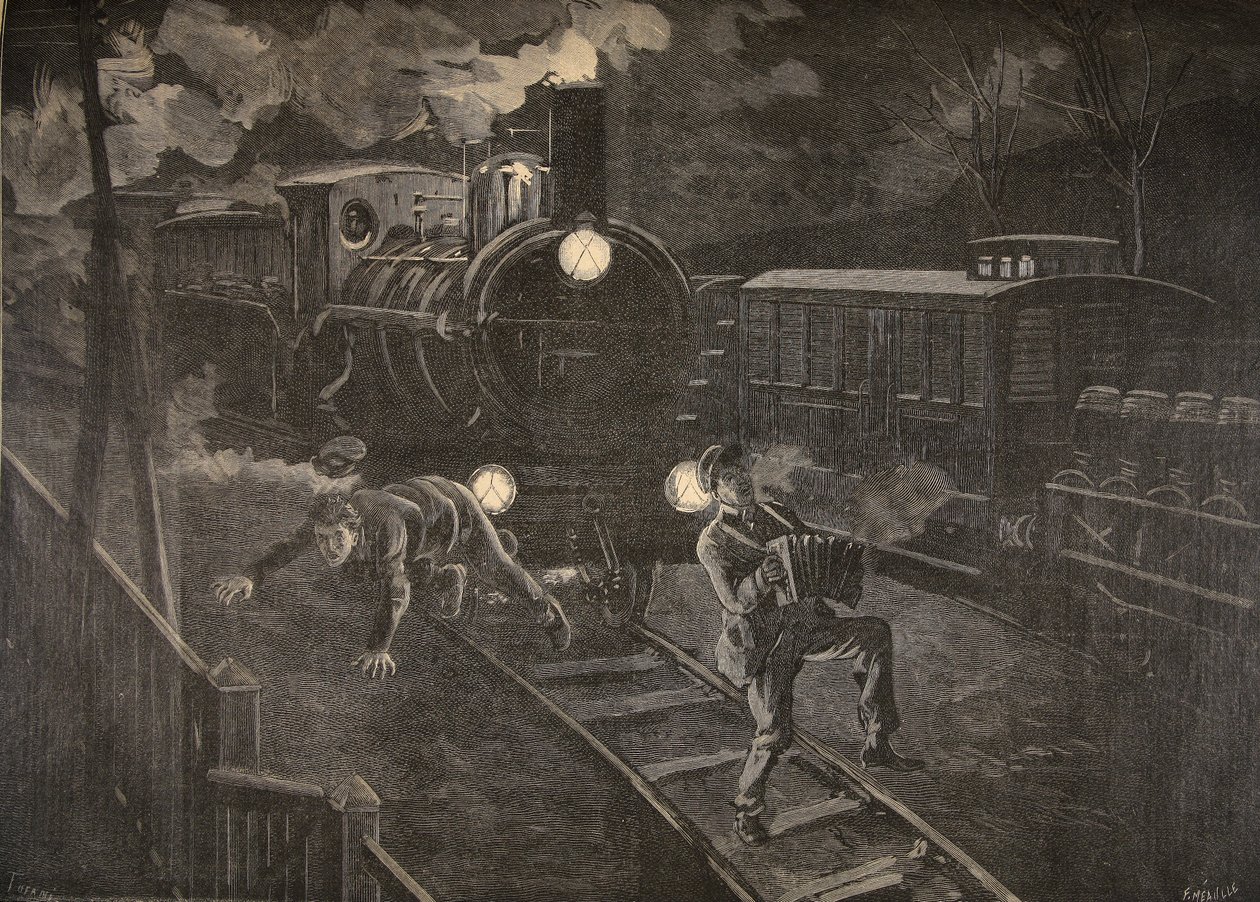 To menn truffet av en togillustrasjon fra Le Petit Journal: Supplement illustre, 1898 av French School