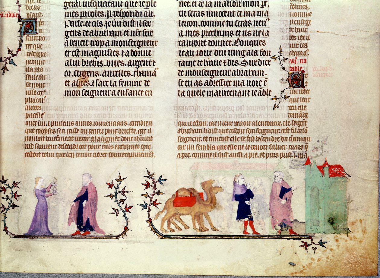 To scener fra historien om Rebecca ved brønnen, fra The Bible of Jean de Sy, ca. 1355 av French School