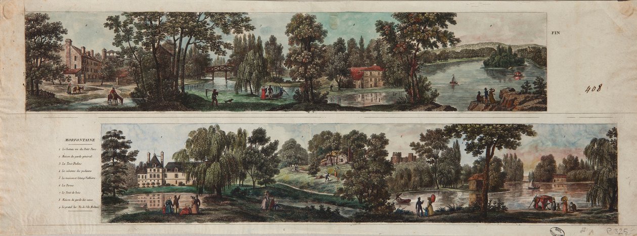 To utsikter over Mortefontaine Park med bildetekster (radering med wc på papir) av French School