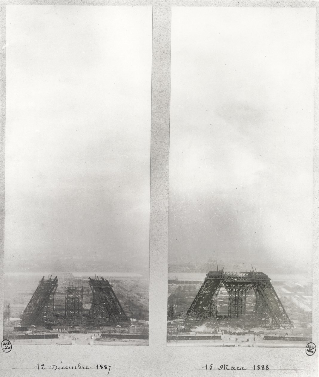 To visninger av byggingen av Eiffeltårnet, Paris, 12. desember 1887 og 15. mars 1888 av French School