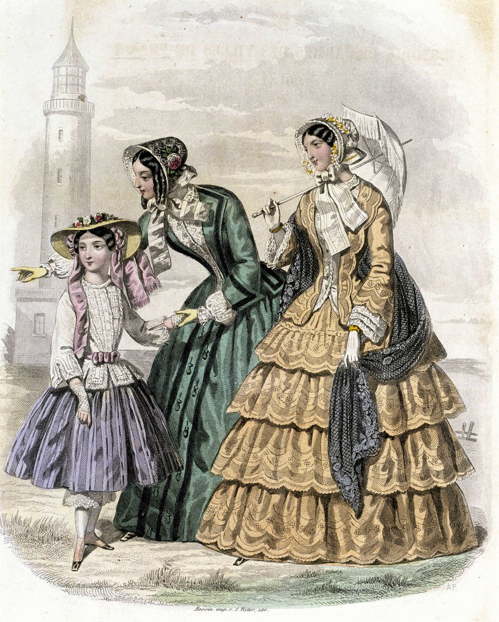 To kvinner med en jente på landsbygda - i "Journal des Demoiselles"" 1852. av French School