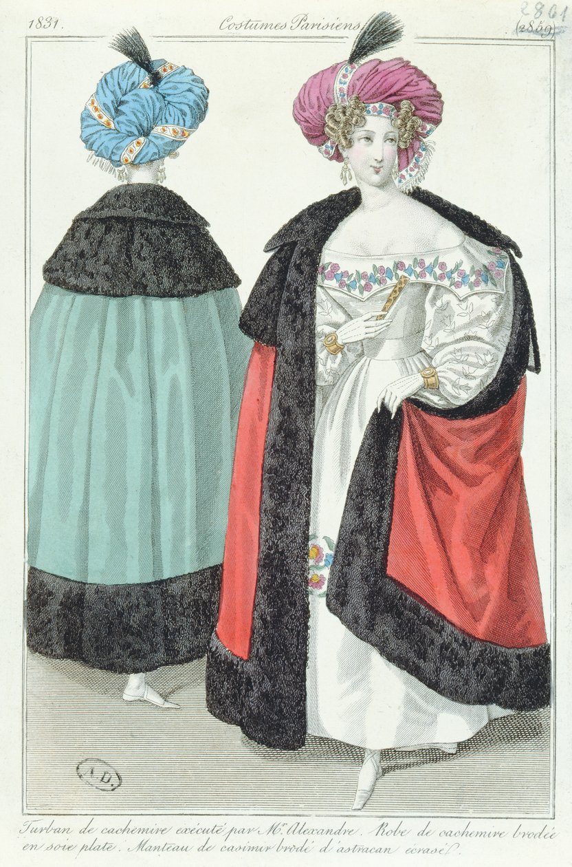 To kvinner med turbaner, kjoler og kapper av kashmir, fra Costumes Parisiens, 1831 av French School