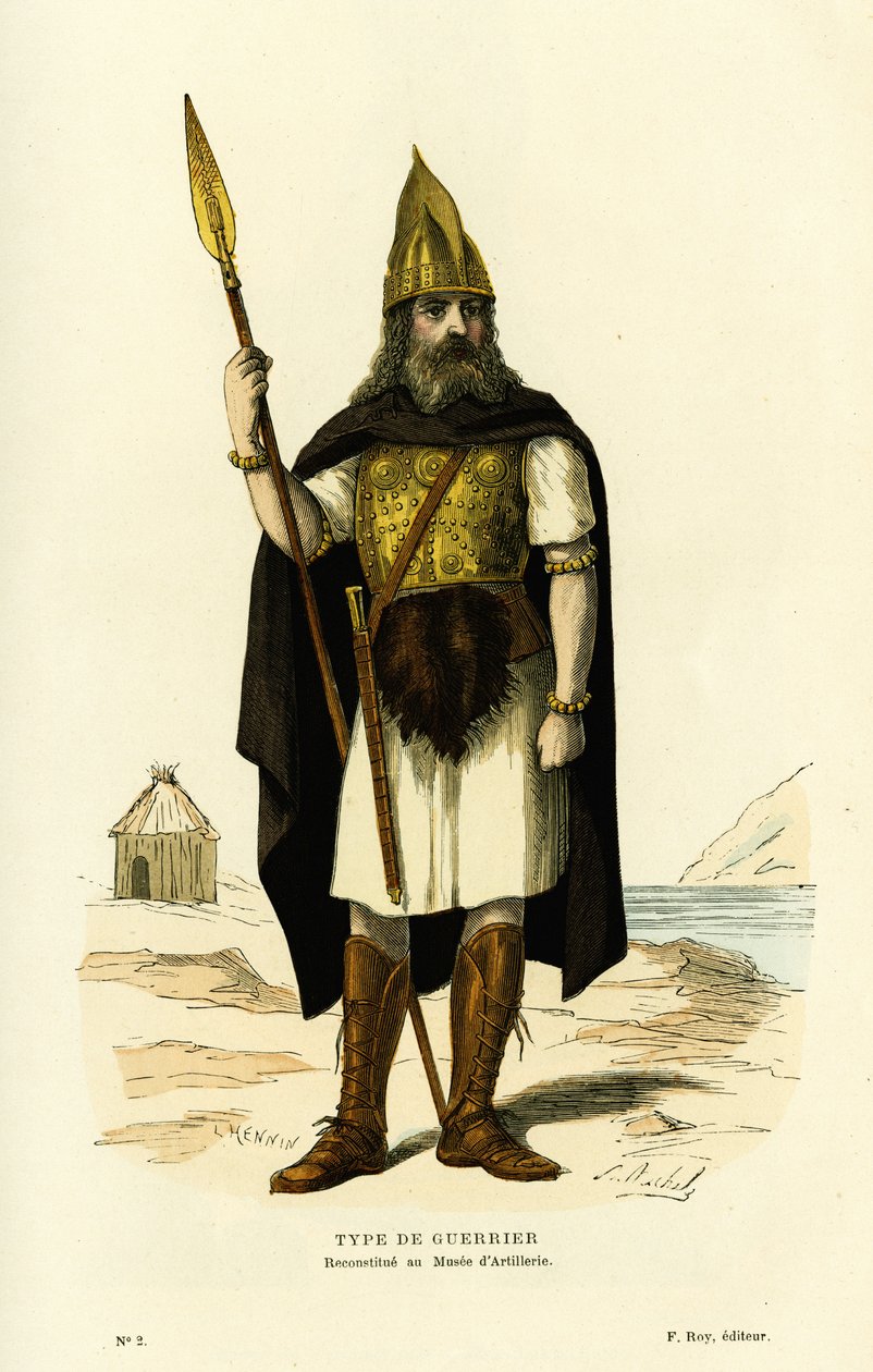 Type gallisk kriger, med spyd og sverd nydam. Fargegravering etter L.Hennins tegning, i "Frankrike og franskmennene gjennom århundrene" av Augustin Challamel, F.Roy-redaktør, Paris 1882. Selva-samlingen. av French School