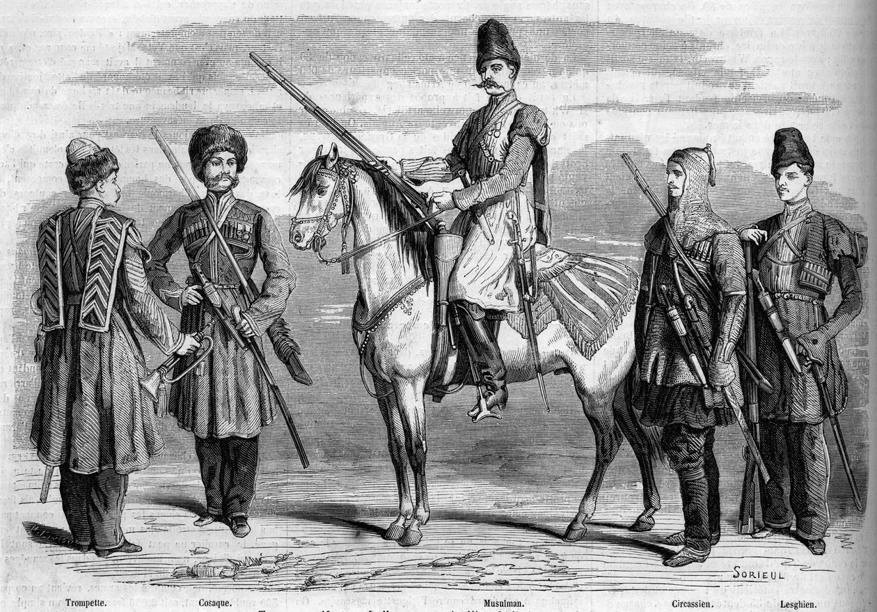 Typer og uniformer av den spesielle eskorten til keiseren av Russland. Fra venstre til høyre: trompet, kosakk, muslimsk, sirkassisk og lesgisk. Gravering i "" Le Monde Illustré"" nr. 153 av 17. mars 1860. av French School