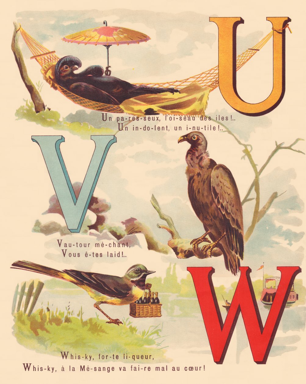 U V W: Svart eMu, gribb, vipstjert, whisky av French School
