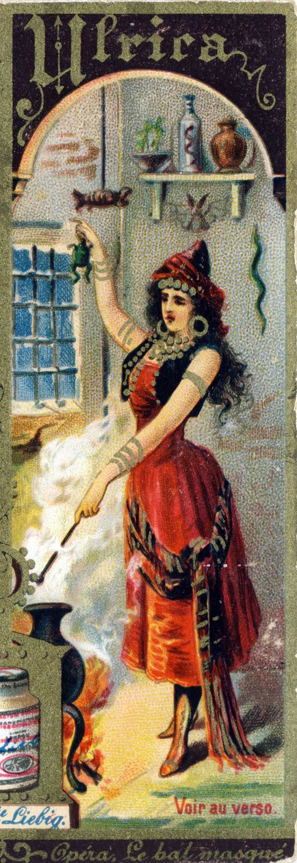 Ulrica i Giuseppe Verdis opera "Le bal masque" laget i 1859. Alfabet av kvinnelige navn på temaet: kvinnelige kostymer og operaer. Liebig reklamekromolitografi. av French School