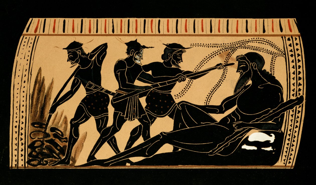 Ulysses og hans følgesvenner stikker ut øyet til kyklopen Polyphemus, illustrasjon fra en antikk gresk vase, 1887 av French School