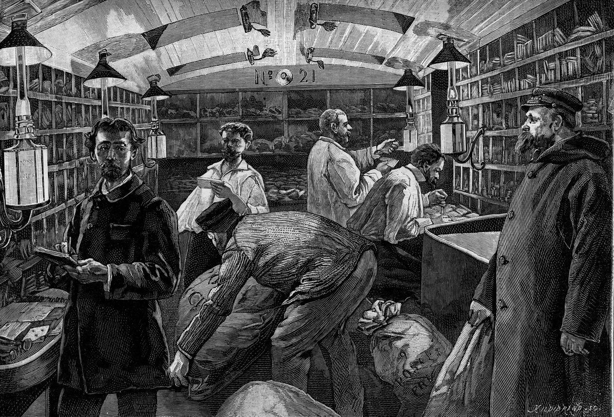 Un bureau de post ambulant.. Engraving in le journal illustrates “” La jeunesse”” av French School