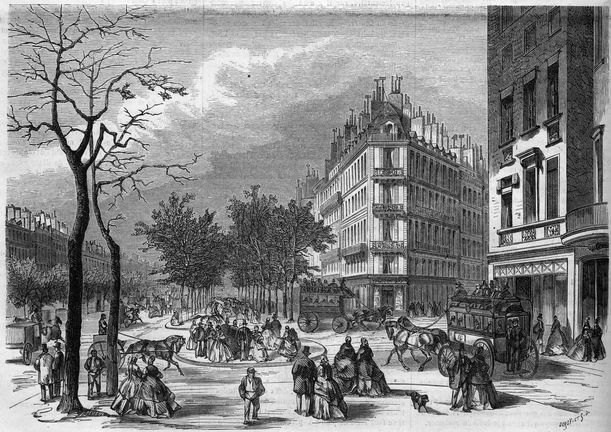 En av de første ""tilfluktene"" for fotgjengere som krysser boulevardene i Paris etablert mellom boulevard des Capucines og boulevard de la Madeleine av French School