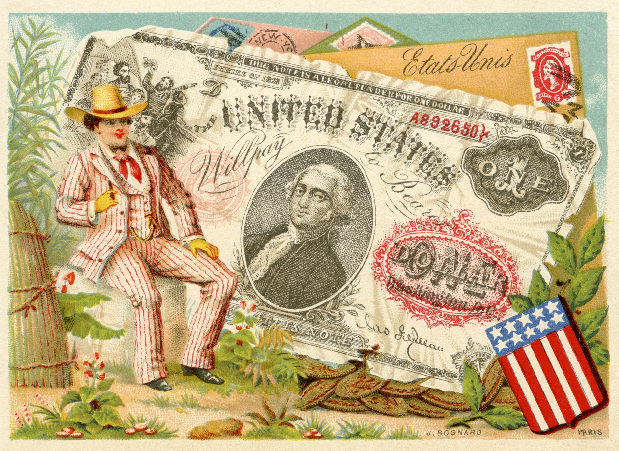 Onkel Sam satt ved siden av en én-dollarseddel, fra en serie kampanjekort på valutaer i forskjellige land, utgitt i Paris av Bognard for bruk av varehus og produsenter, 1886-9 av French School