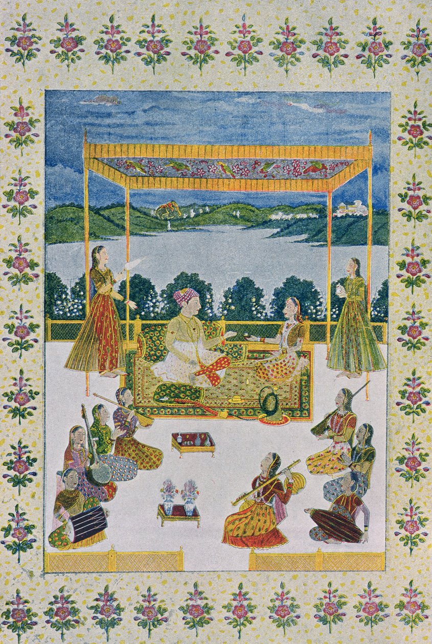 Under the Sky with Music and Flowers, illustrasjon fra The Arabian Nights, 1895 (fargegravering) av French School