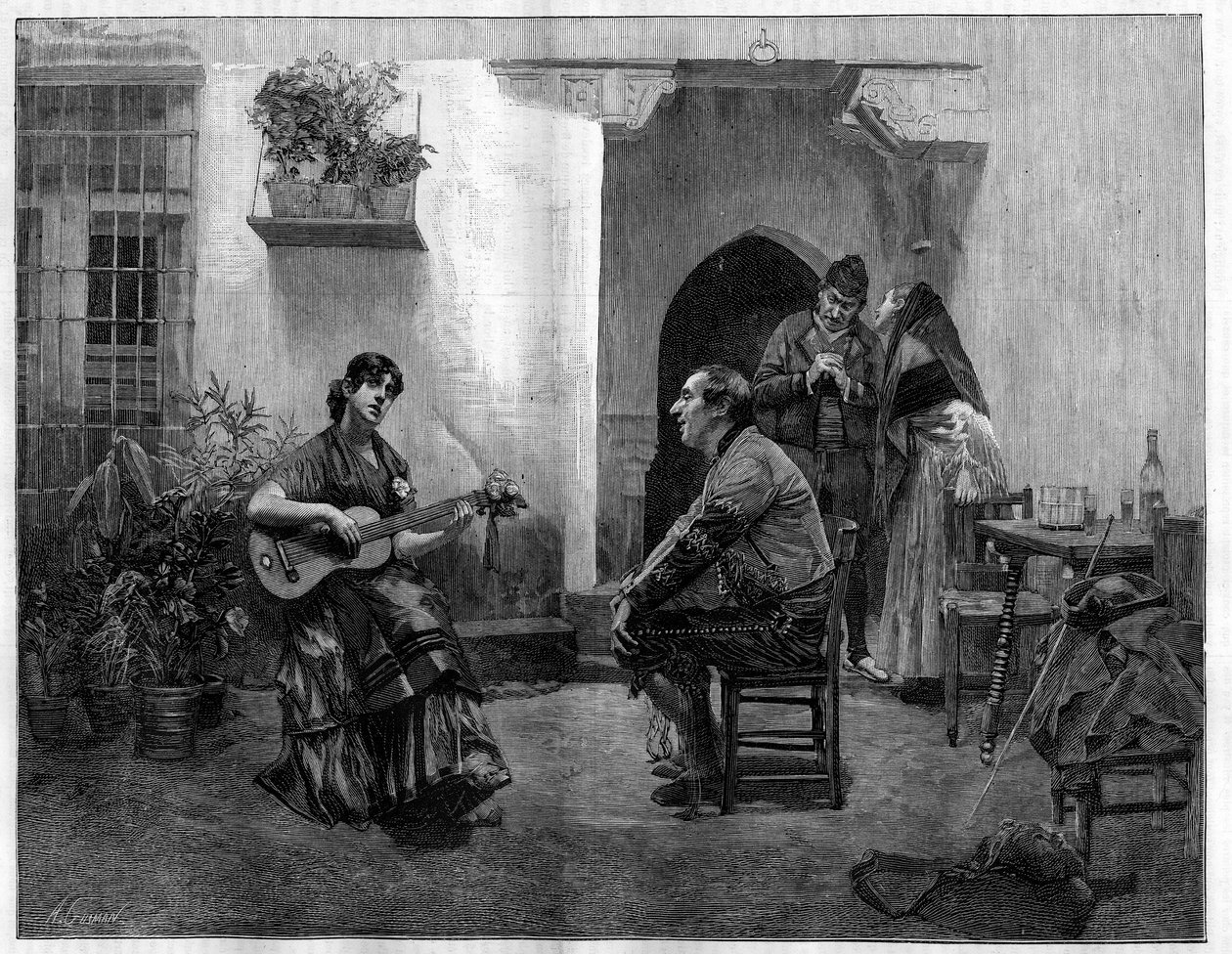 Under trolldommen: en mann som lytter med beundring til en ung spansk jente som spiller gitar. Gravering etter maleriet av Jules Worms (1832-1914) i «The Illustrious World», 1. mai av French School
