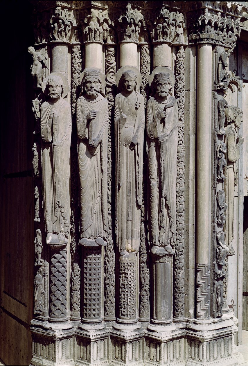 Ukjent skikkelse, kong Salomo, dronningen av Saba og kong David, jambfigurer fra den kongelige portalen, 1140-55 av French School