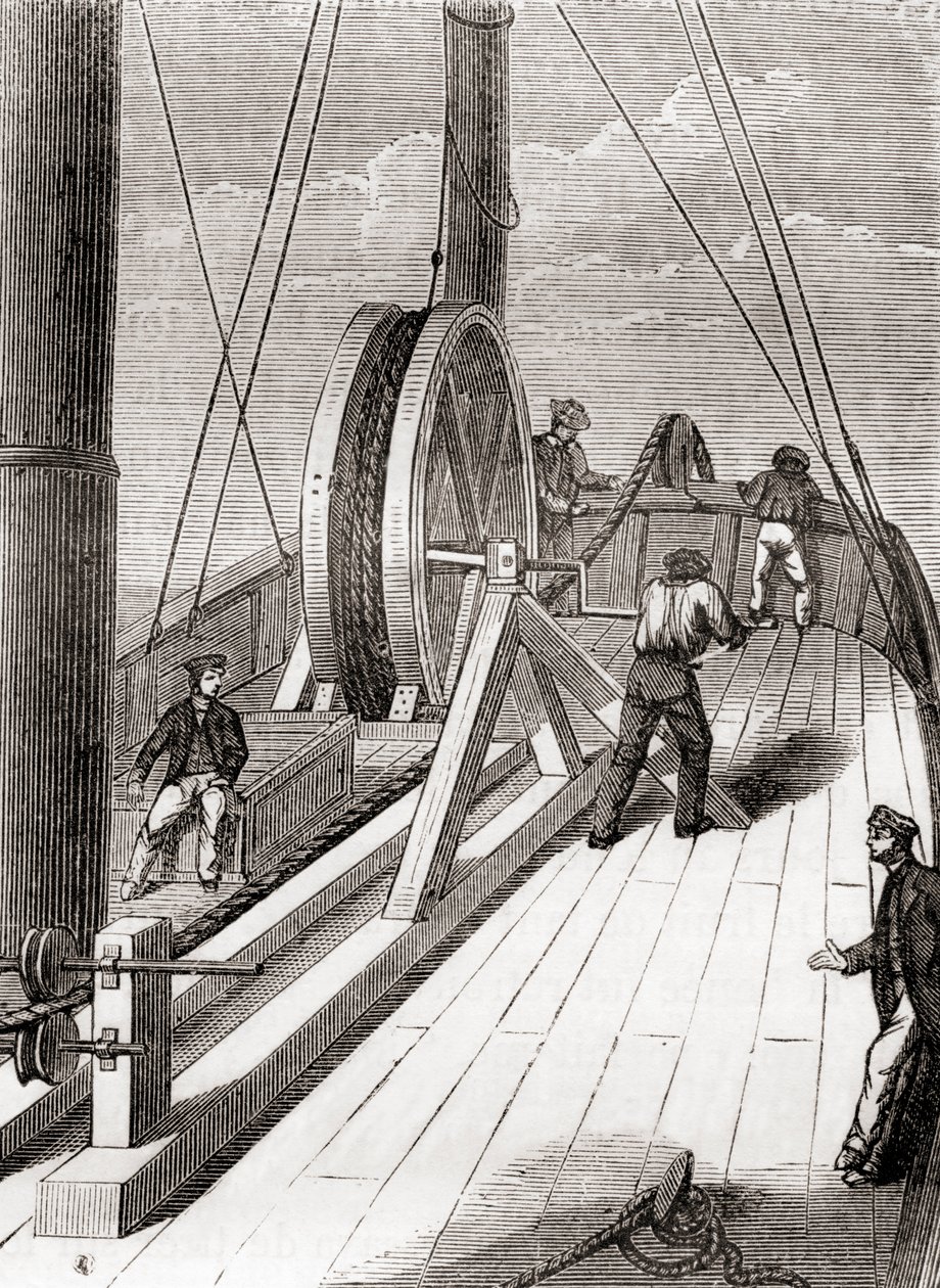 Avvikling av undersjøisk kabel fra Dover til Calais ombord på Blazer, 25. desember 1851, fra Les Merveilles de la Science, publisert ca. 1870 (gravering) av French School