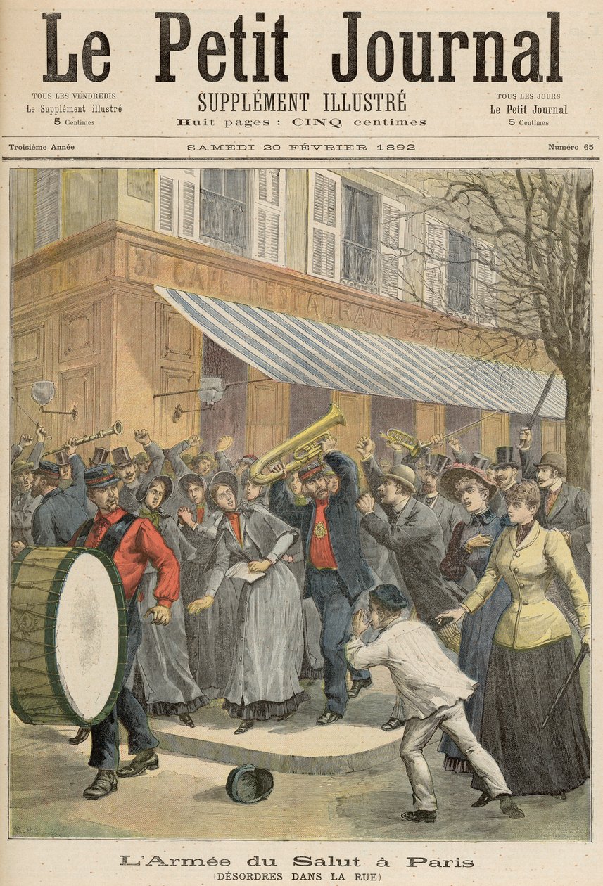 Opprør mot en frelsesarmeprosesjon i Paris, fra Le Petit Journal, 20. februar 1892 (fargegravering) av French School
