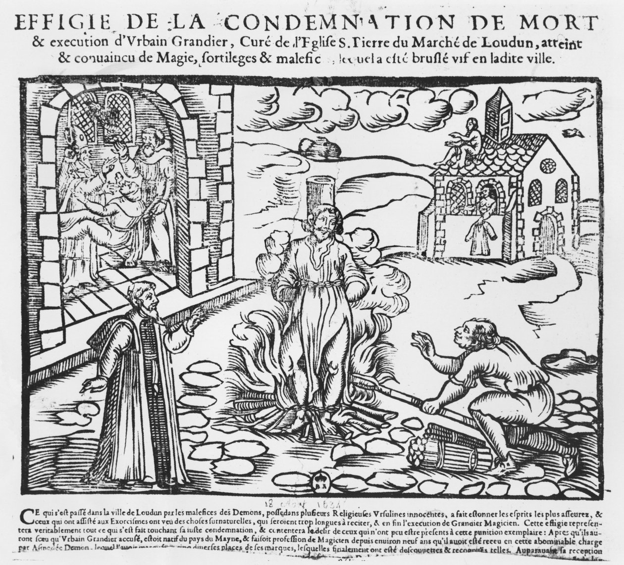 Urbain Grandier brant på bålet etter hendelsene i Loudun-besittelsen, 1634 (tregravering) av French School