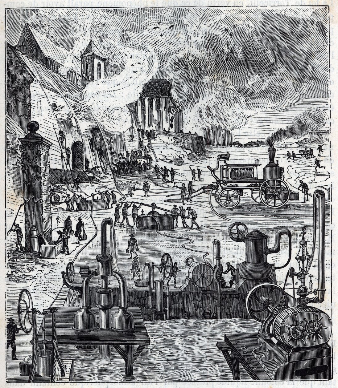 Use of various pump systems in a fire in the 19th century - Engraving in “Sciences brought to the gratehouse of all - physics and chemistry” by Alexis Clerc - End of 19th century. Private collection. av French School